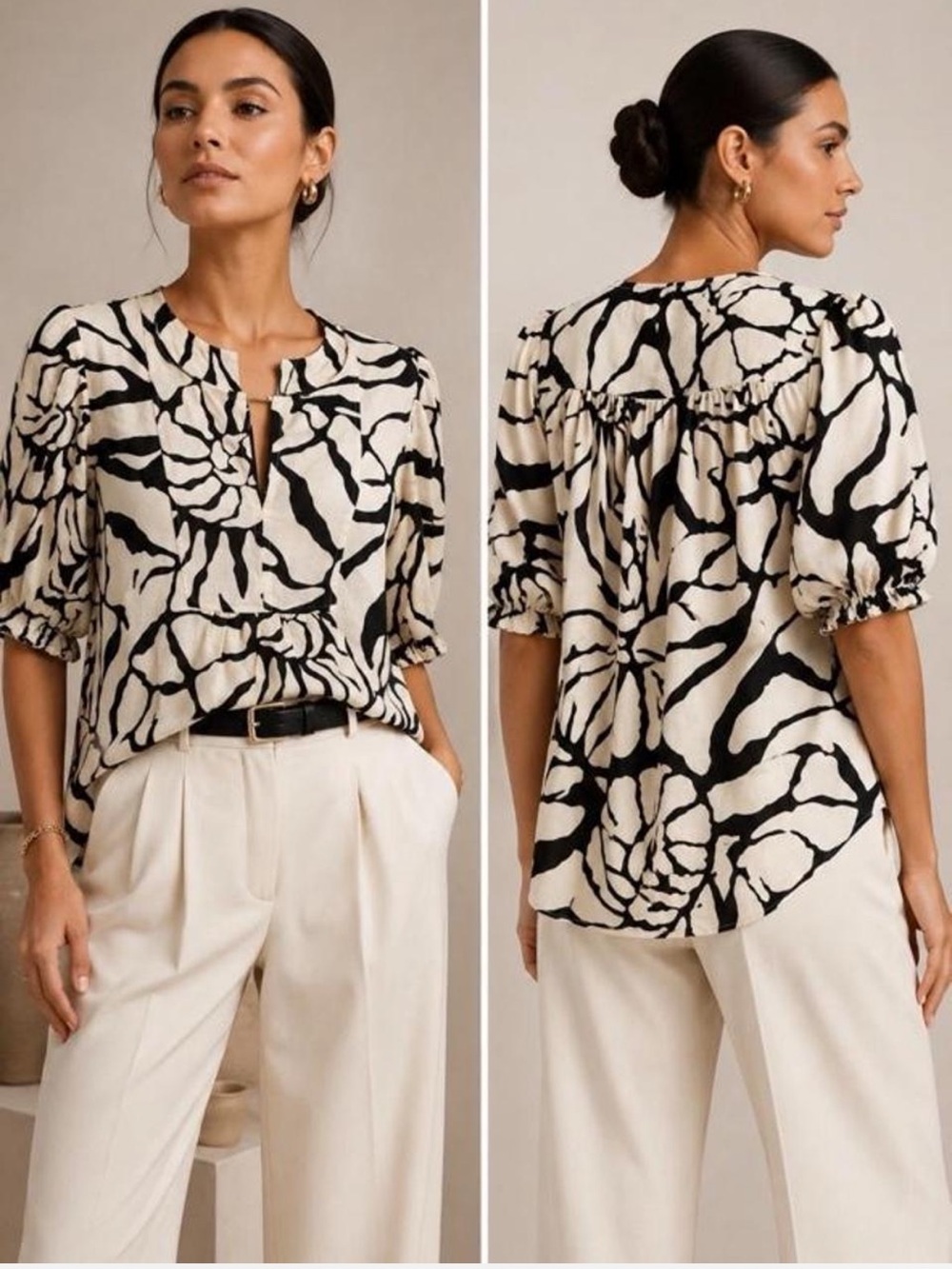Rachel Zoe black and cream abstract floral puff-sleeve blouse. Size L